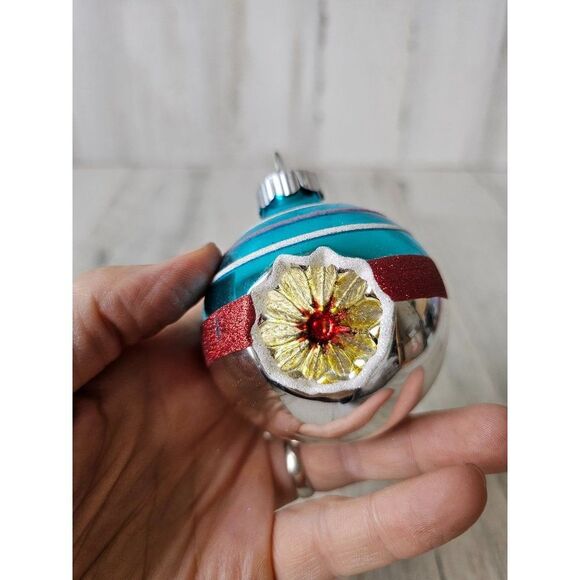 Vintage radko reflector shiny bright blue striped ball ornament silver Xmas tree - Picture 8 of 9